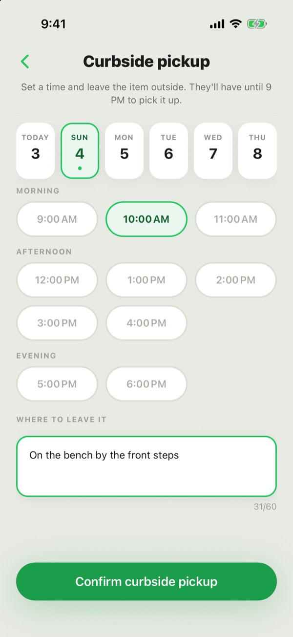 Arrange Pickup: set-out time