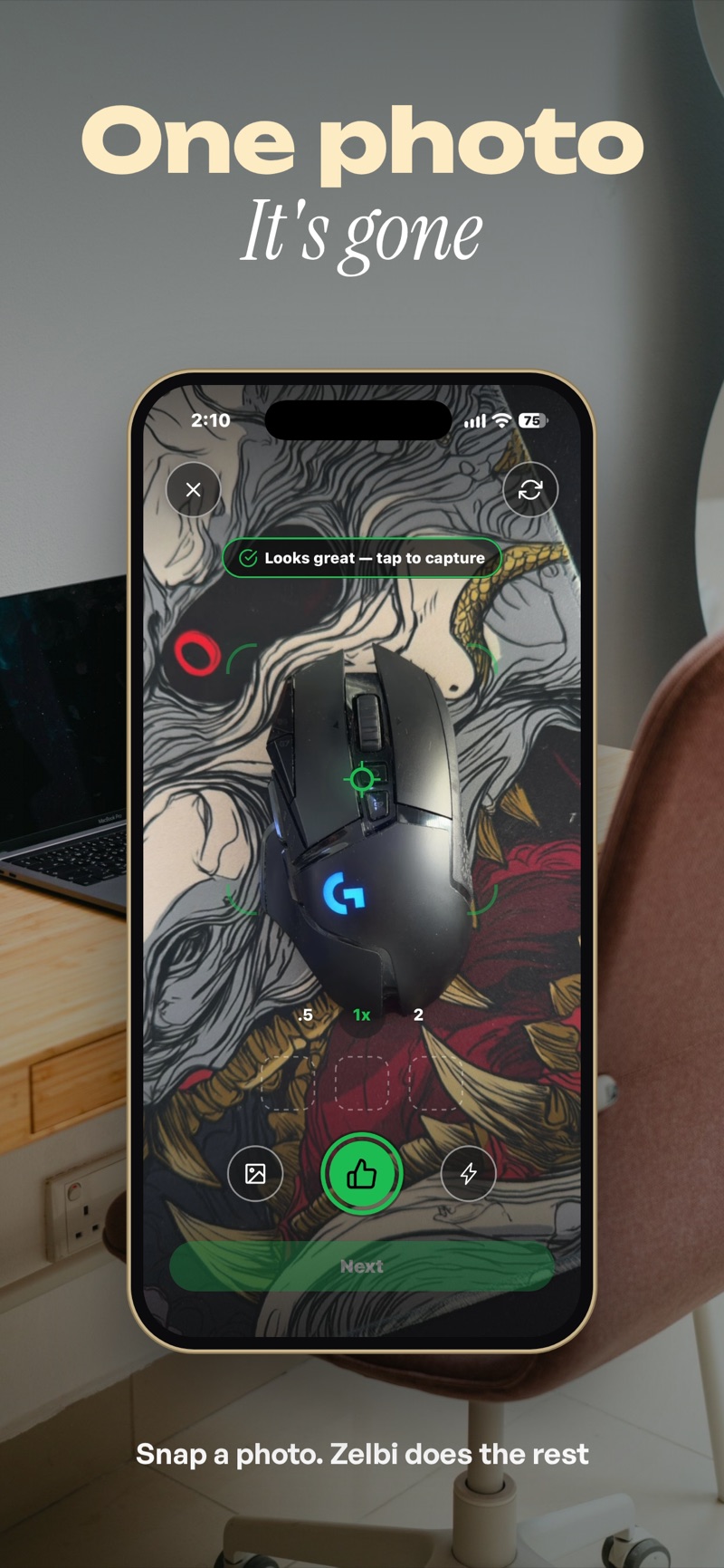 Zelbi camera screen with a gaming mouse in frame