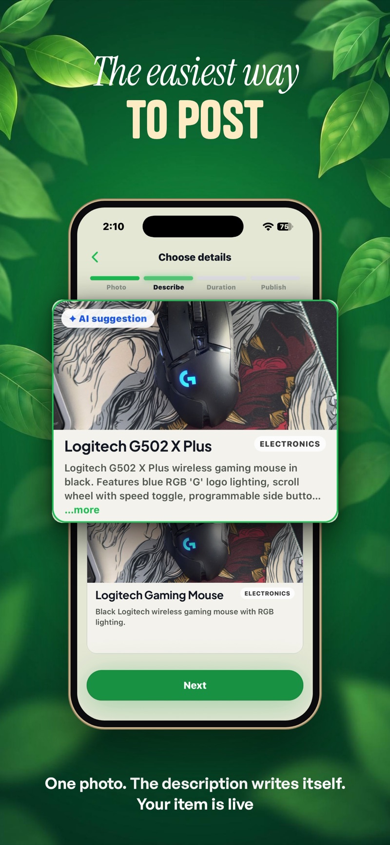 Zelbi listing screen with an automatic description